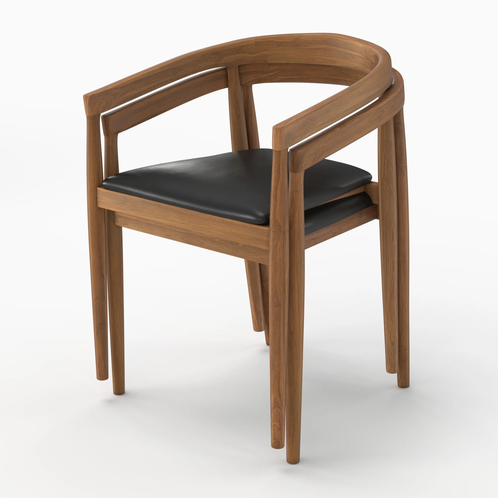 Lot de 2 chaises en bois de teck vernis et assise en cuir noir - Bali