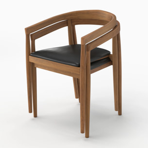 Lot de 2 chaises en bois de teck vernis et assise en cuir noir - Bali