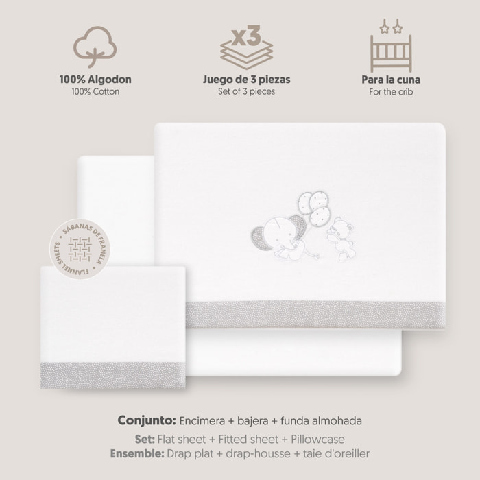 Triptico Cuna Franela Oso Elefante Globos Bco/Gris