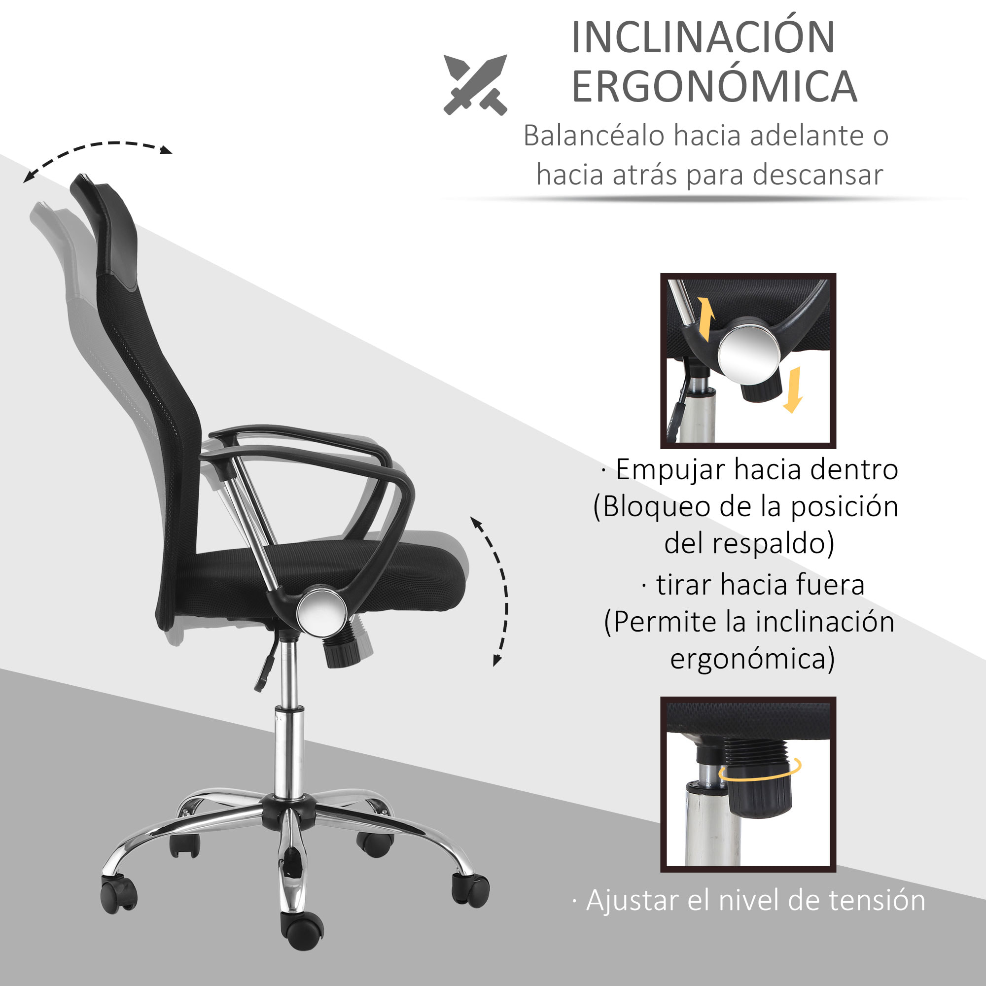 Silla de Oficina con Rueda de Malla PVC 57x56x114 124cm Negro