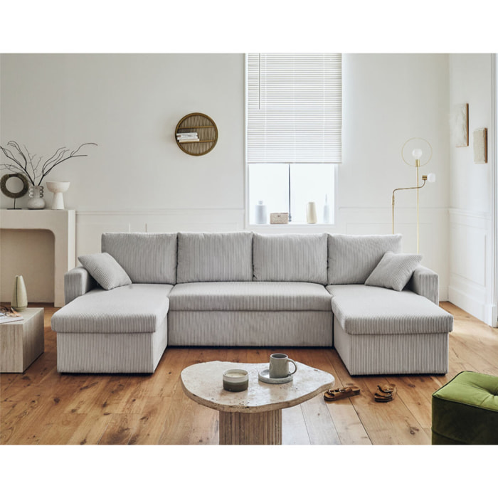 Cyrus - canapé panoramique en U - 7 places - convertible avec coffre - en velours côtelé - Gris clair