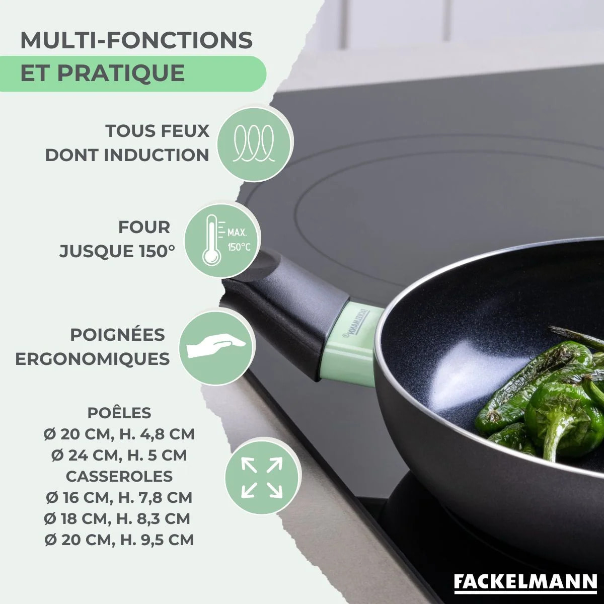 Lot 2 Poêles et 3 Casseroles Fackelmann Brandao avec 5 ustensiles Ocean