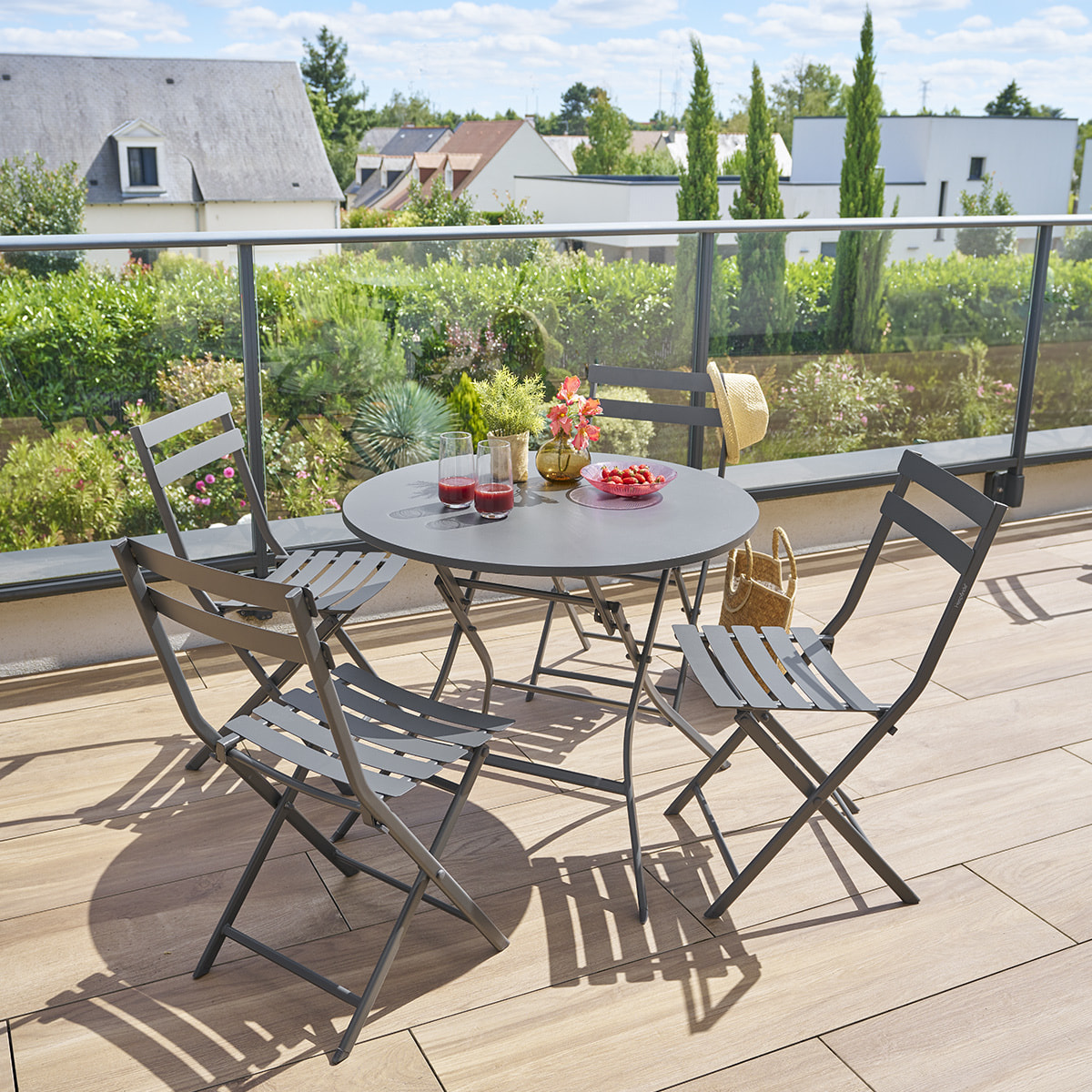 Table de jardin pliante ronde "Greensboro" graphite 4 places en acier
