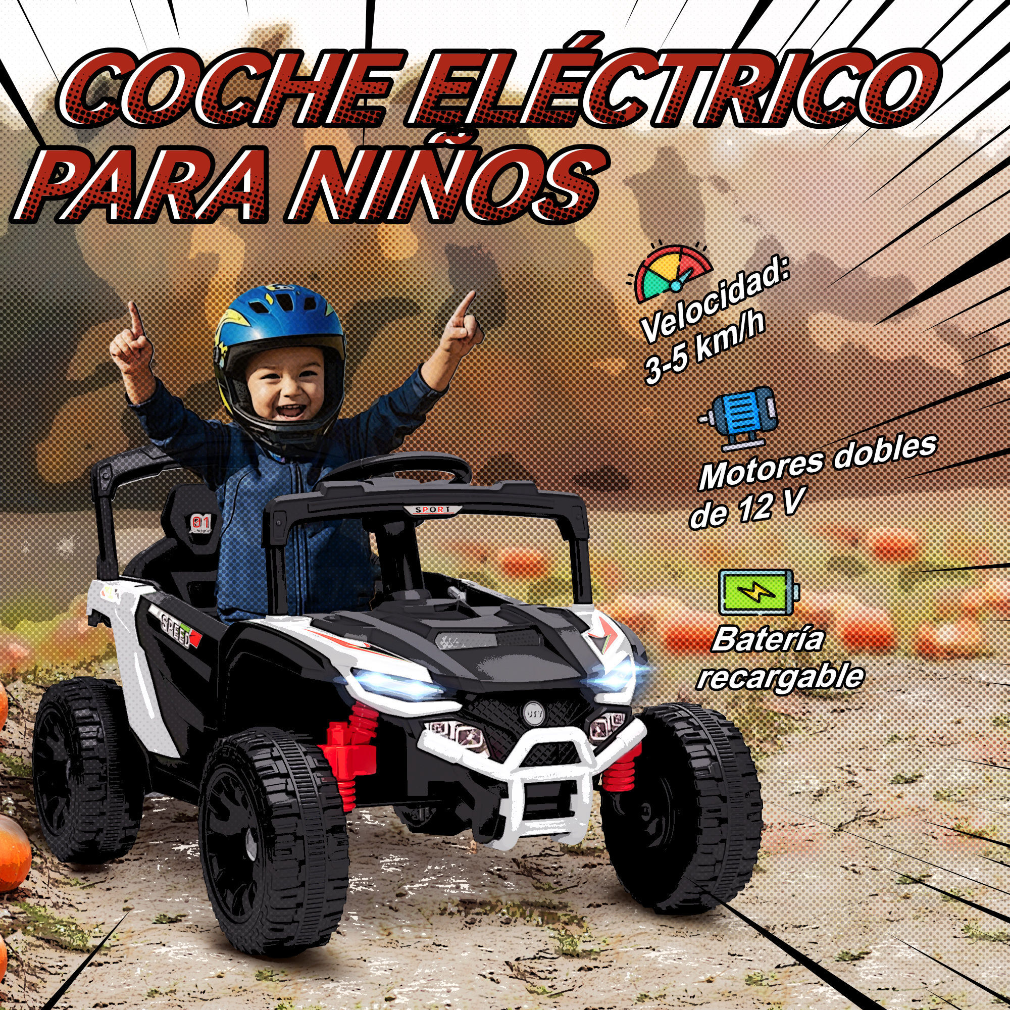 Coche Eléctrico para Niños 12V, Coche de Batería UTV con 2 Motores, Control Remoto 2,4G, 3-5 km/h, Suspensión Trasera, Faros, Música, para Niños de 3-5 Años, Blanco