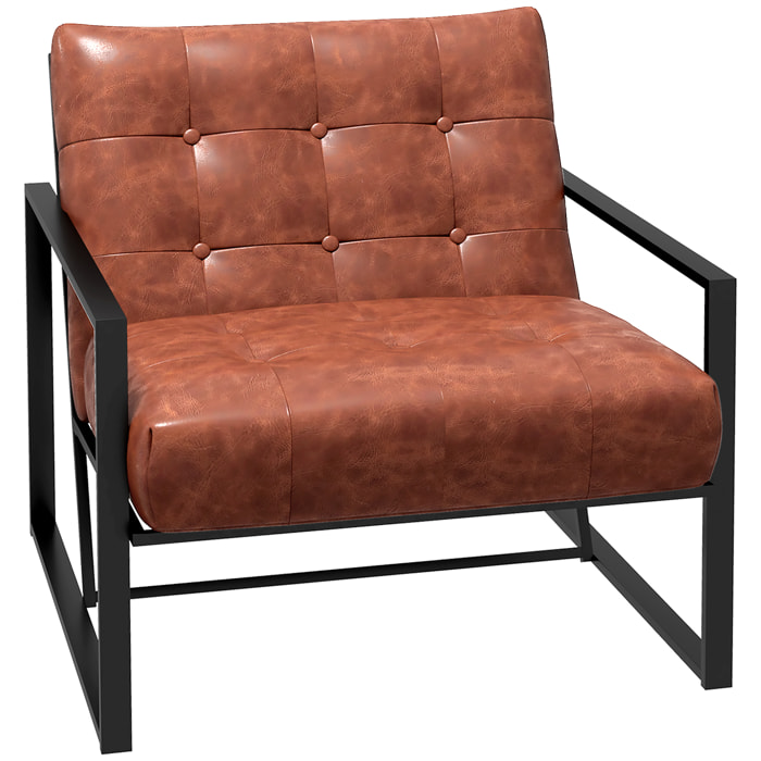 Fauteuil lounge style Chesterfield effet capitonné métal noir revêtement synthétique marron fauve