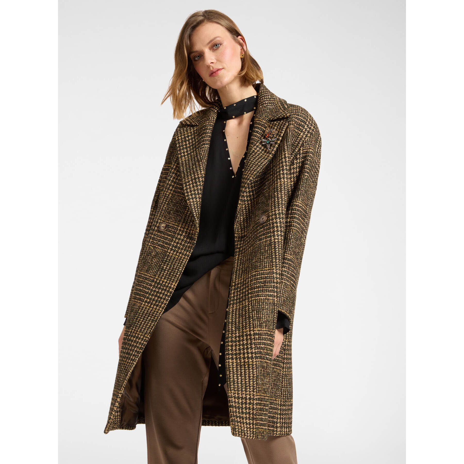 Elena Mirò - Cappotto in Galles con spilla - Marrone