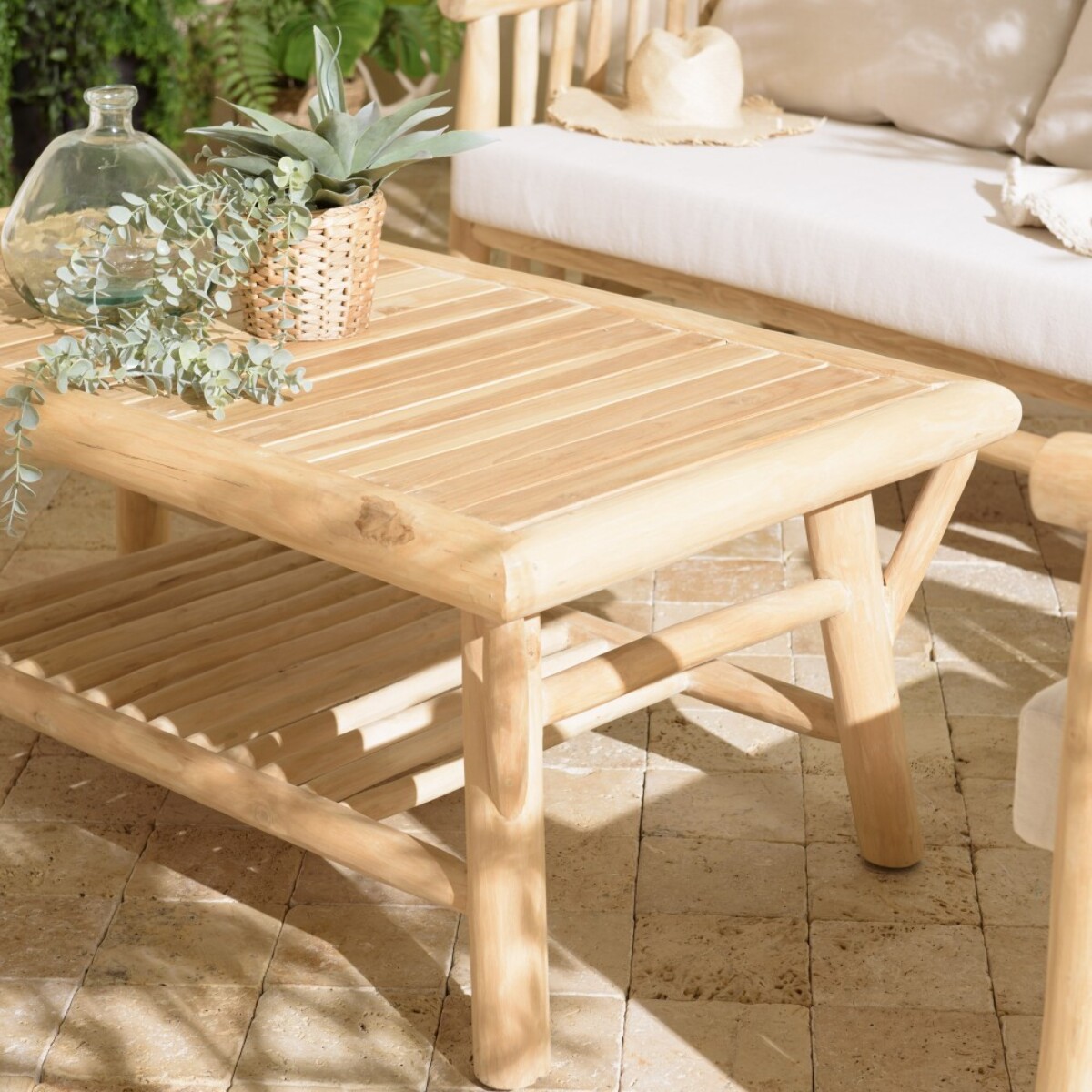 WILL - Table basse rect. en branches de bois de teck double plateau