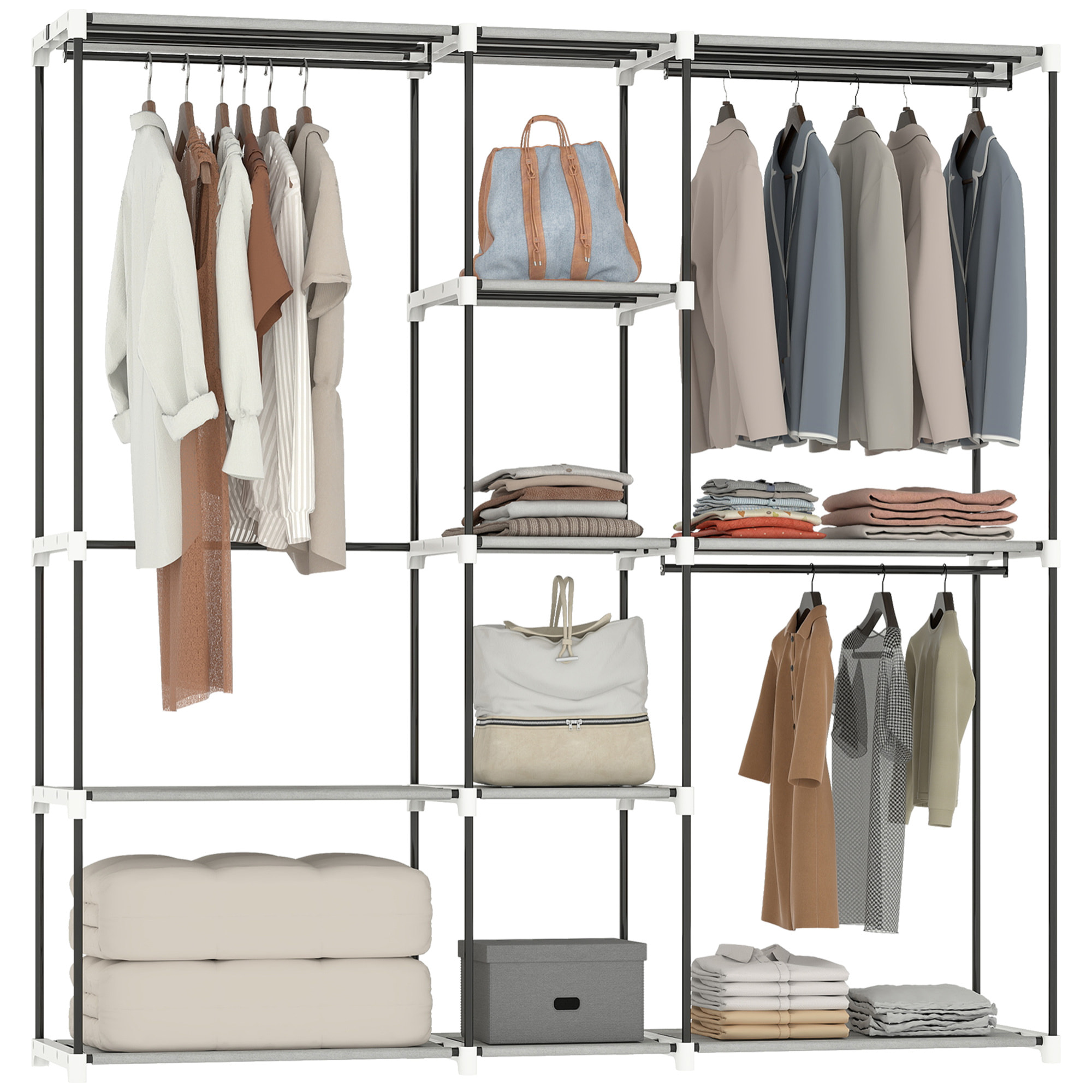 Armario de Ropa, Perchero, 182x43x185 cm, Armario Abierto con 8 Estantes de Tela, Barras para Colgar, Marco de Metal, para Dormitorio, Salón, Vestidor, Gris Claro