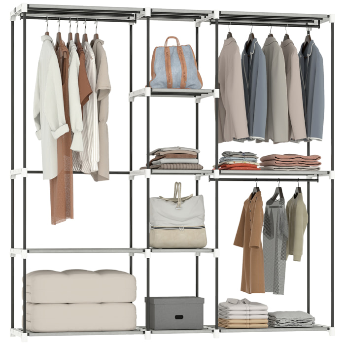 Armario de Ropa, Perchero, 182x43x185 cm, Armario Abierto con 8 Estantes de Tela, Barras para Colgar, Marco de Metal, para Dormitorio, Salón, Vestidor, Gris Claro