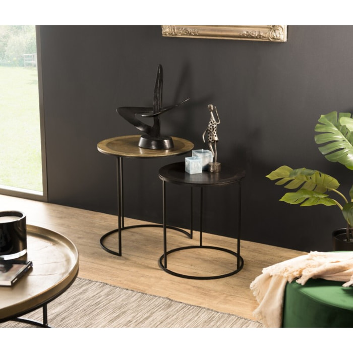 JOHAN - Set de 2 tables d'appoint gigognes rondes aluminium doré et noir - pieds ronds métal noir