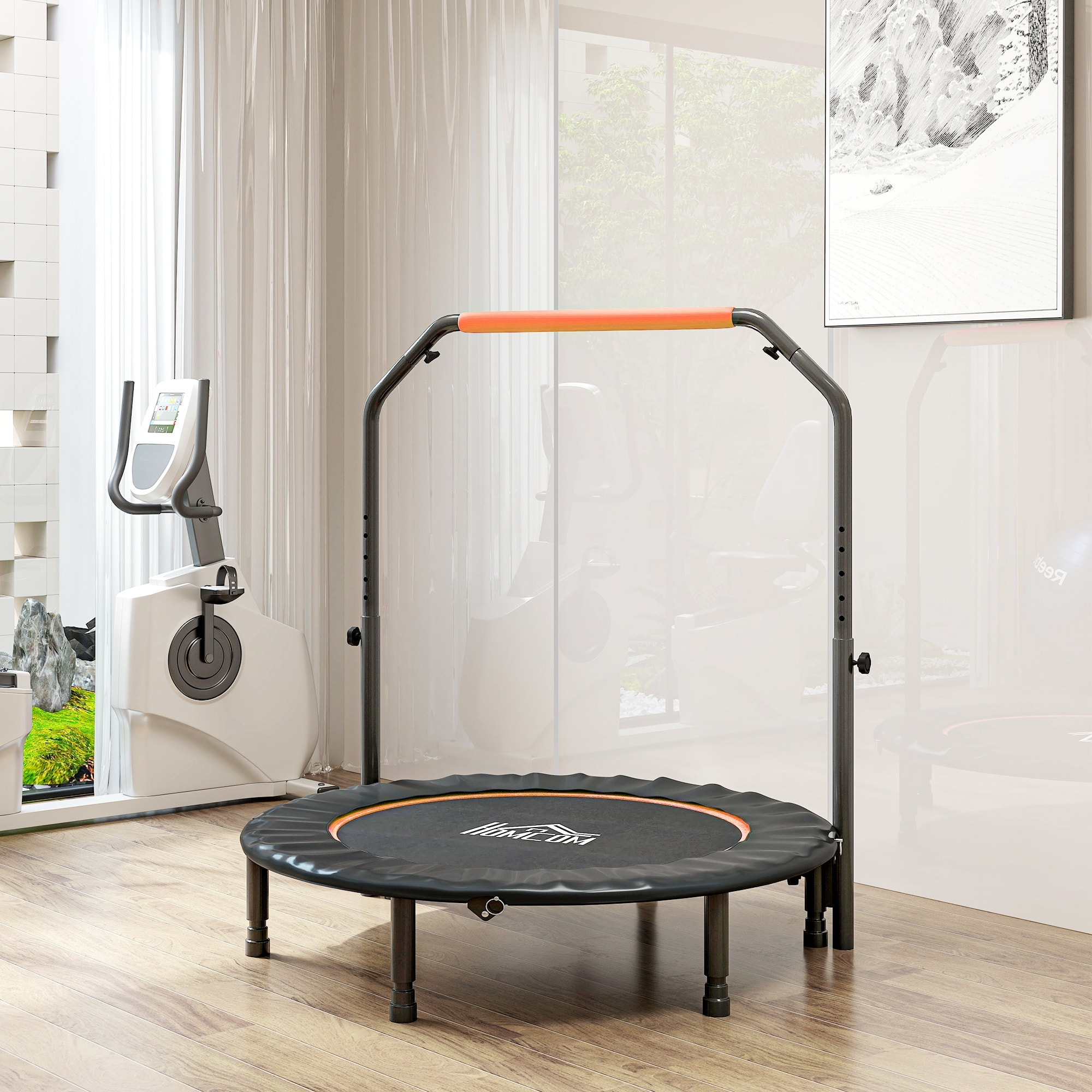 Trampolín de Fitness Adultos Ø114 cm, Cama Elástica Plegable con Mango Ajustable de 4 Niveles, Marco de Acero, para Entrenamiento Piernas, Cuerpo en Hogar, Oficina, Gimnasio, Naranja y Negro