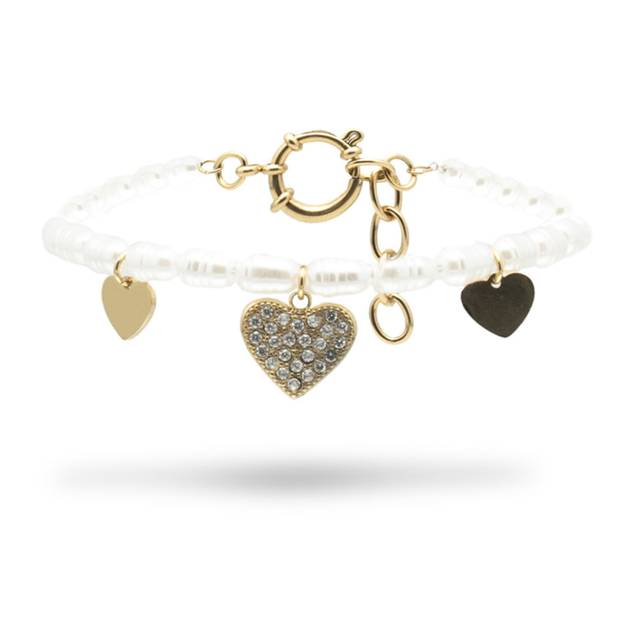Bracciale con Catena di Cuori e Perle in Acciaio Dorato