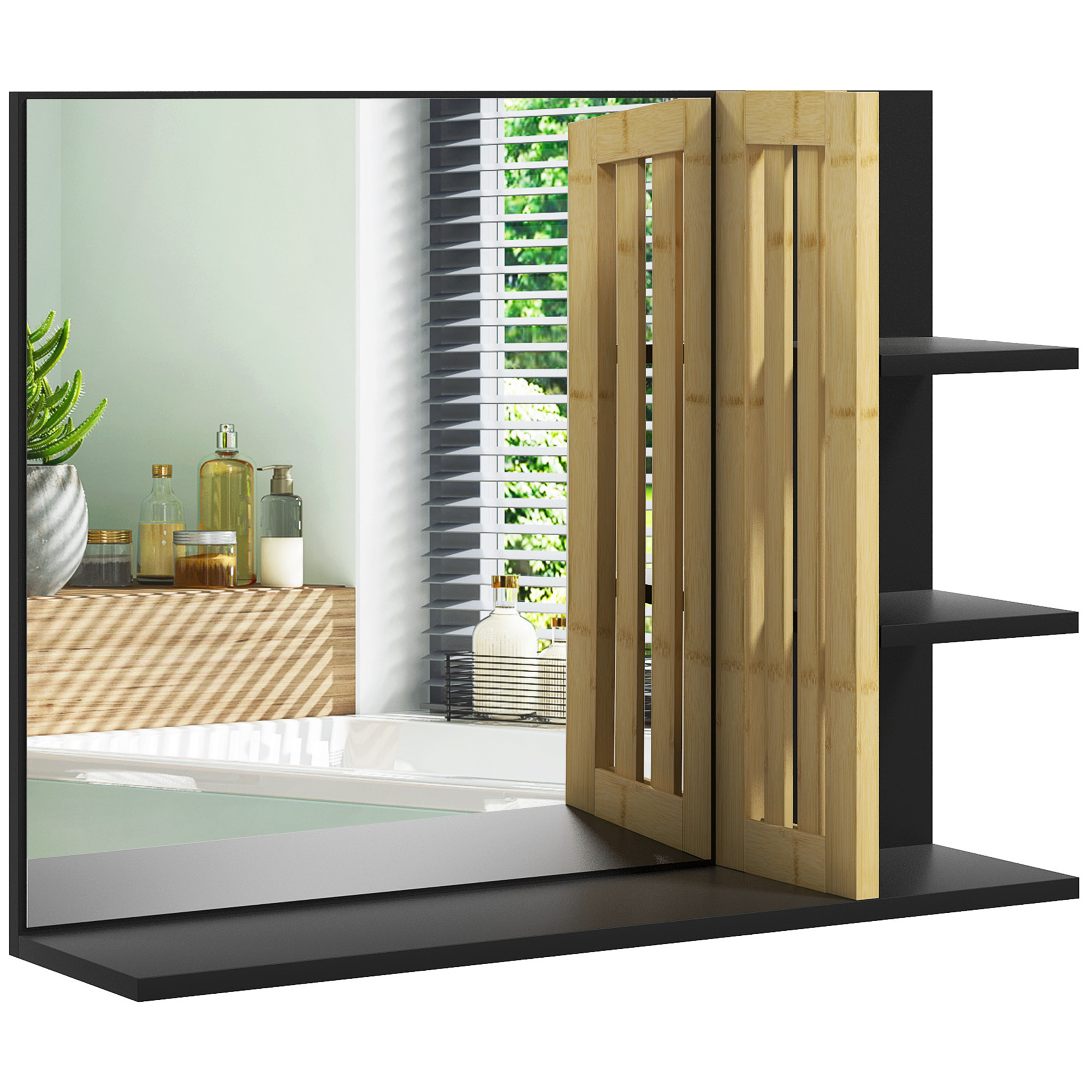Miroir mural salle de bain - étagères - MDF noir bambou verni
