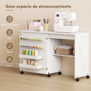 Mesa de Costura Plegable, Mesa Máquina de Coser con Puerta Magnética, 2 Compartimentos, Estante, 18 Soportes para Hilos, 5 Ruedas, Ahorro de Espacio, Blanco