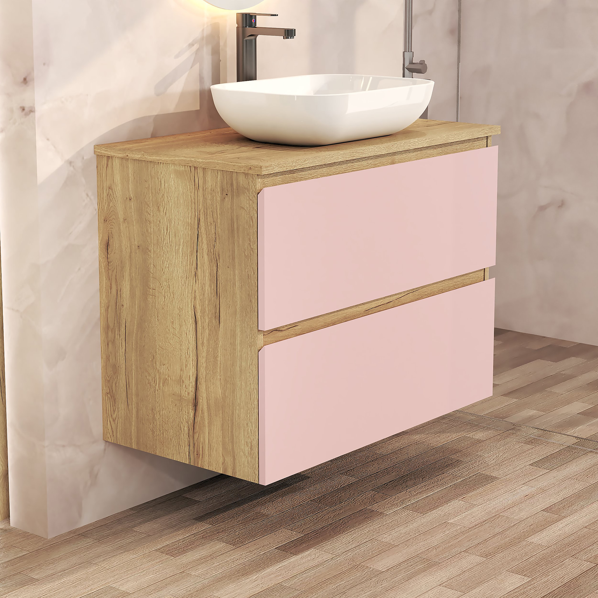 Conjunto de Baño Nia | Mueble Suspendido | 80 cm Rosa | Dos Cajones | Lavabo Sobrepuesto | No incluye Espejo | Mueble Montado| Alday