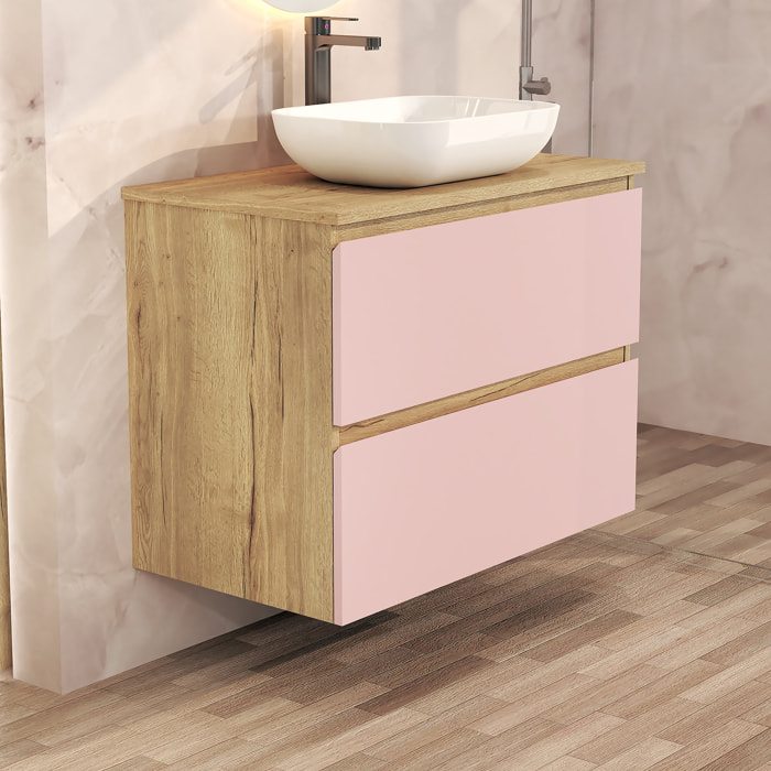 Conjunto de Baño Nia | Mueble Suspendido | 80 cm Rosa | Dos Cajones | Lavabo Sobrepuesto | No incluye Espejo | Mueble Montado| Alday