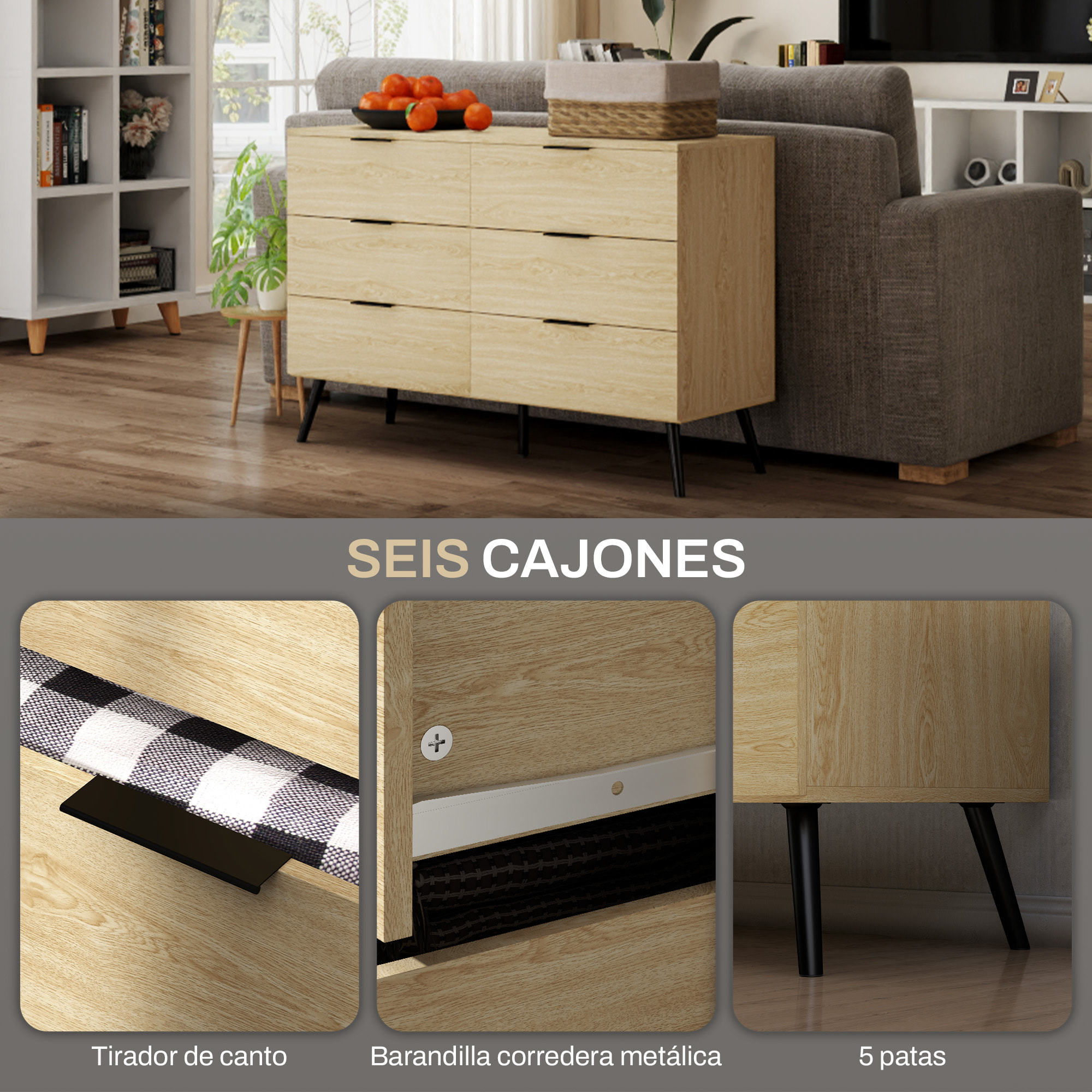 Cómoda con 6 Cajones Cómoda para Dormitorio Moderno con Diseño Anti-vuelco Cajonera para Salón Pasillo 110x40x75 cm Roble