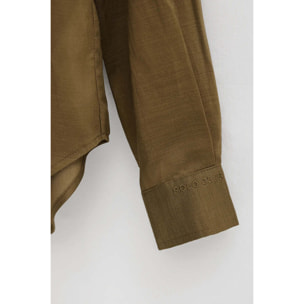 Camicia kaki scuro in ramie con collo alla coreana e fit ampio con ricamo Polo Club