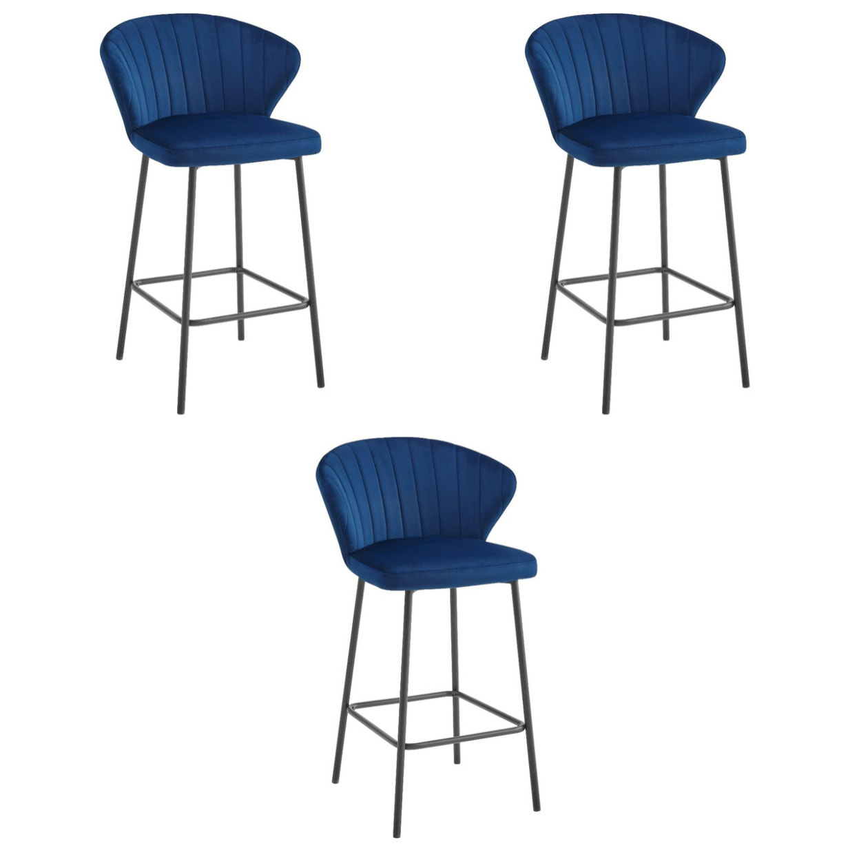 Set di 3 sgabelli bar Gatta in velluto blu e acciaio