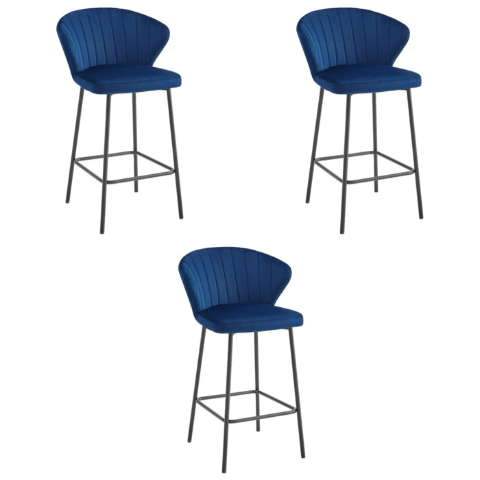 Set di 3 sgabelli bar Gatta in velluto blu e acciaio