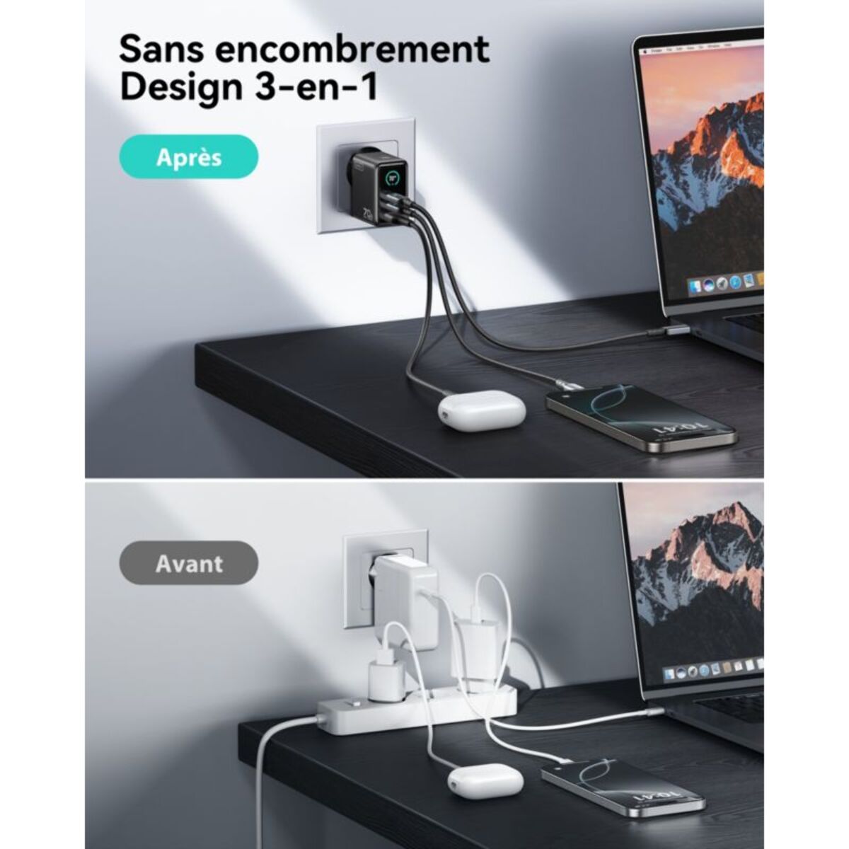 Chargeur INIU 70W Leopard 2 USB-C + USB-A noir