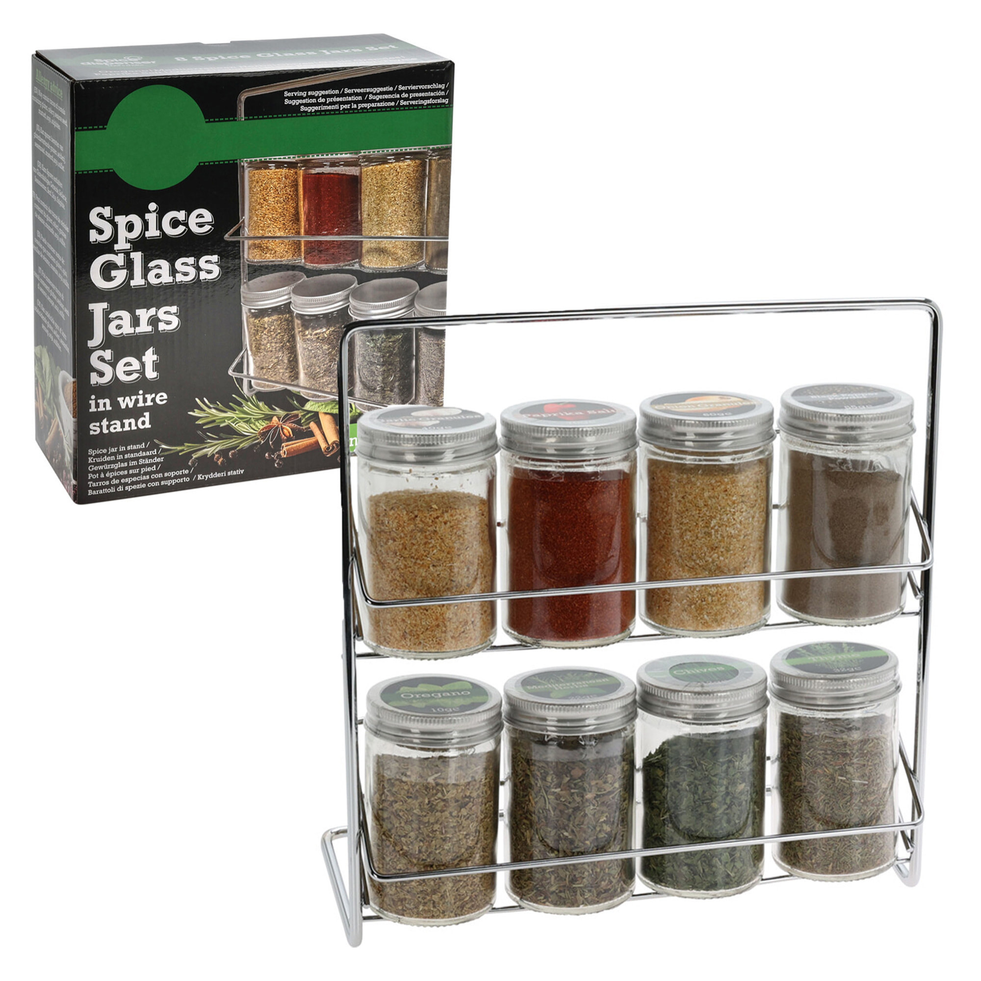 Conjunto de 8 botellas de especias en soporte metálico tapa de aluminio y botellas de vidrio 23xh24cm