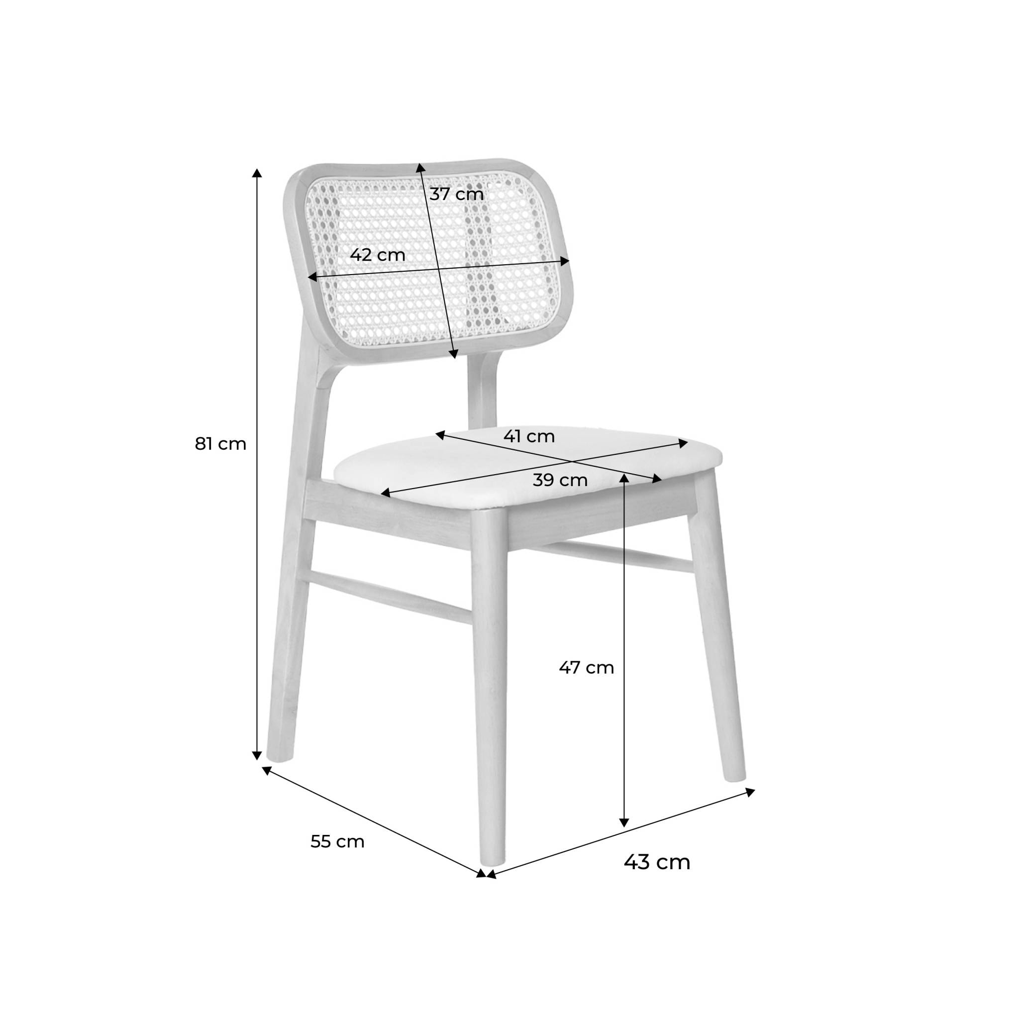 Lot de 2 chaises bois d'hévéa. cannage et tissu beige. bohème. L 43 x P 55 x H 81cm