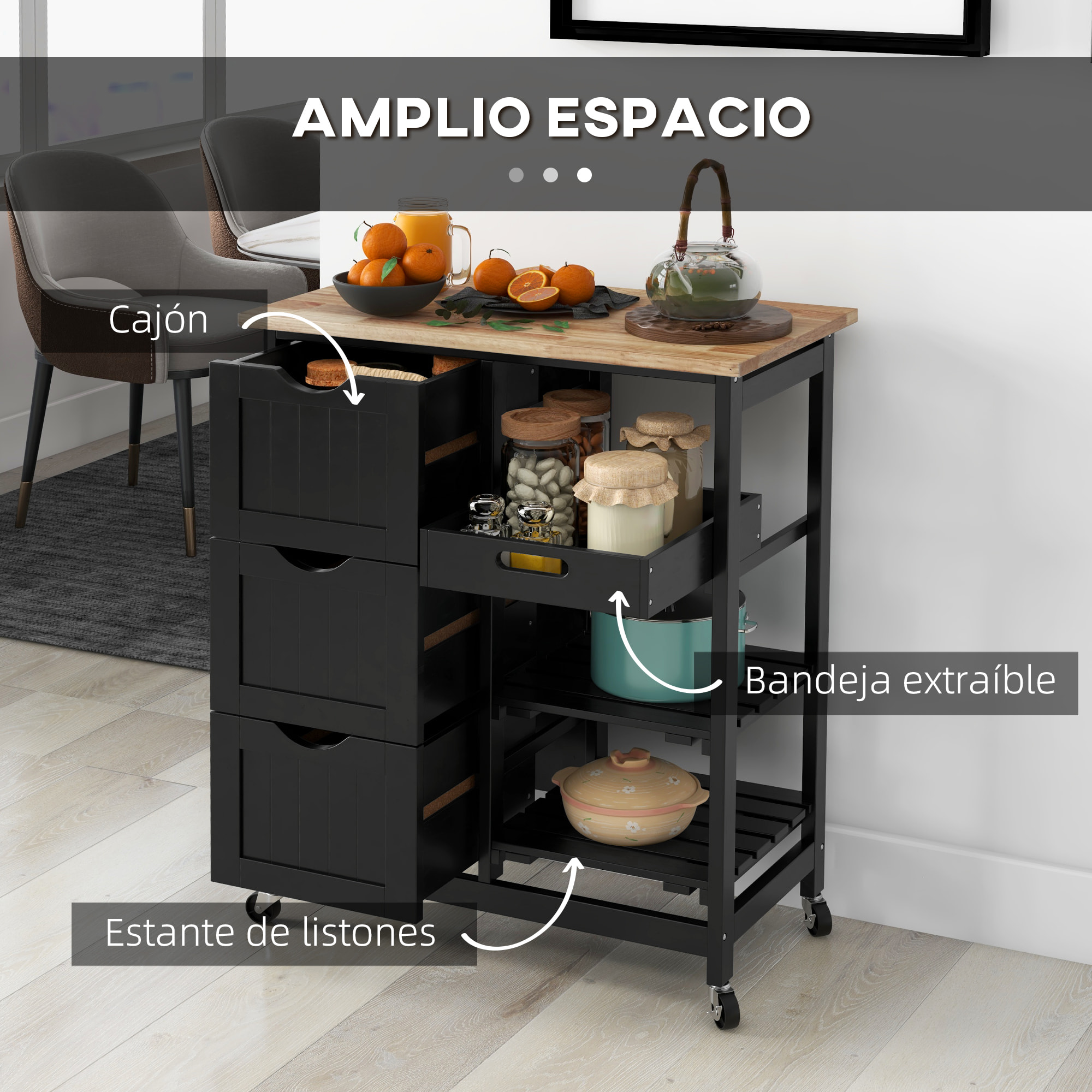 Carro de Cocina, Carrito Auxiliar con Ruedas, Tablero de Madera, 3 Cajones, 2 Estantes Abiertos y Bandeja Extraíble, para Comedor Salón, 67x37x85,5 cm, Negro
