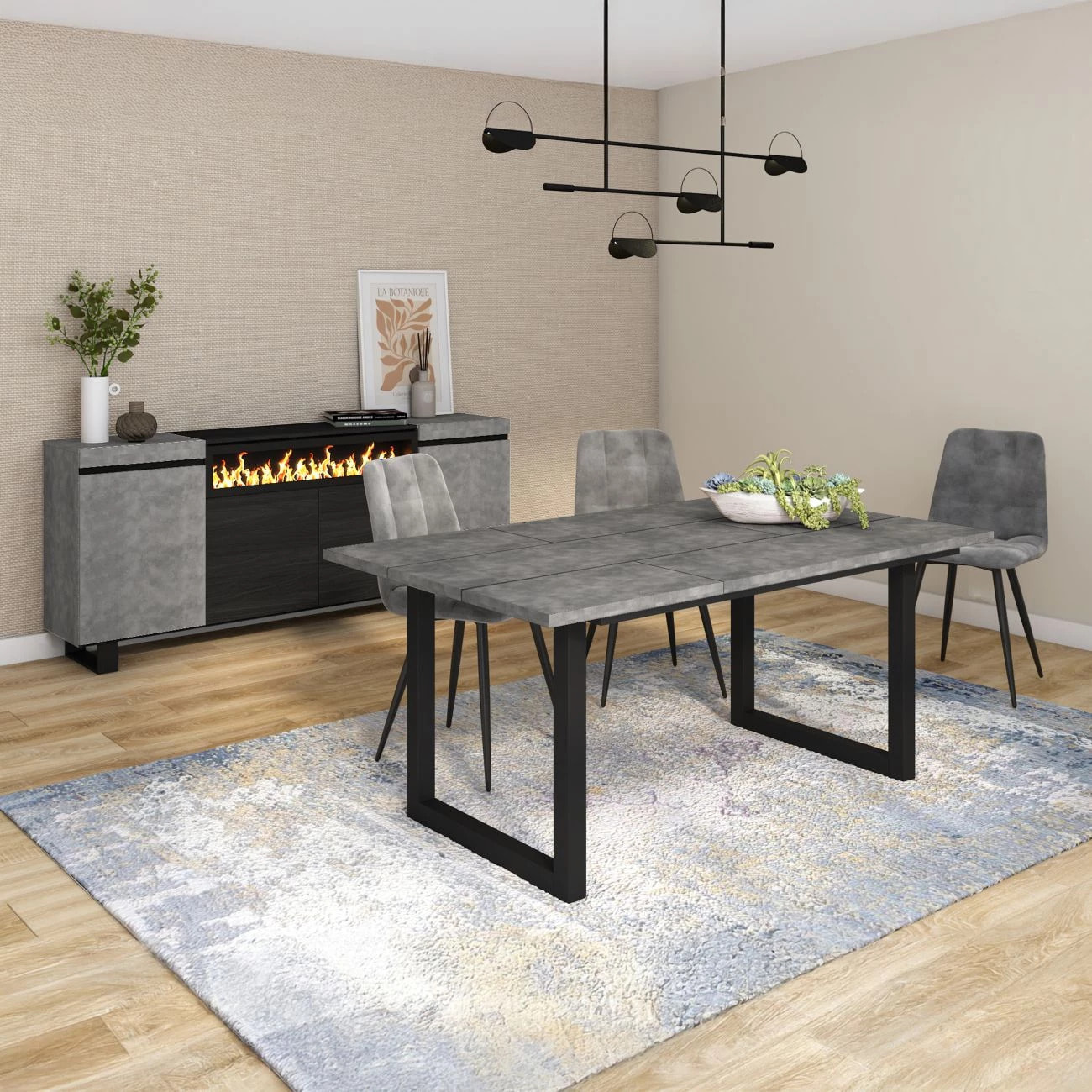 Mesa de comedor de estilo industrial en cementoy negro 167x90 cm Altea Cemento Negro