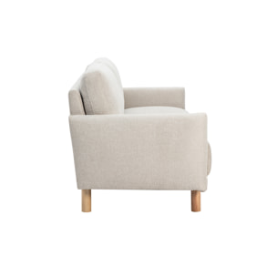 Canapé design 3 places en tissu effet velours texturé beige et bois clair BONO