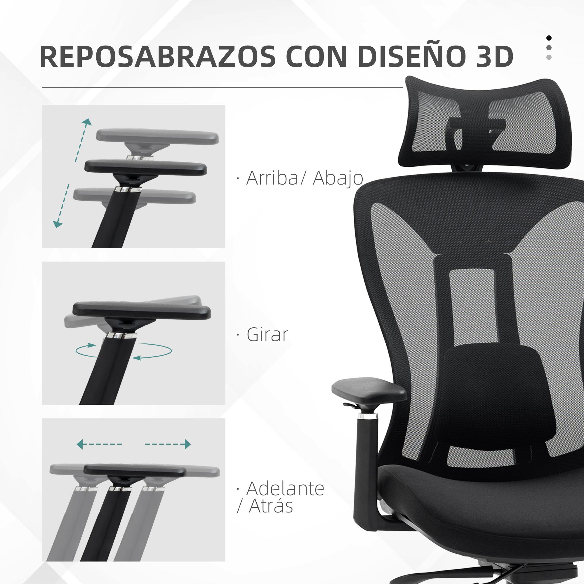 Silla de Oficina de Malla Silla de Escritorio Reclinable con Reposacabezas Ajustable Soporte Lumbar y Reposabrazos 3D Carga 150 kg 70x66x120-128 cm Negro