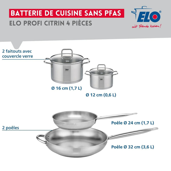 Ensemble de 2 Poêles de cuisson 24 et 32 cm et 2 faitouts 12 et 16 cm Elo Profi Citrin