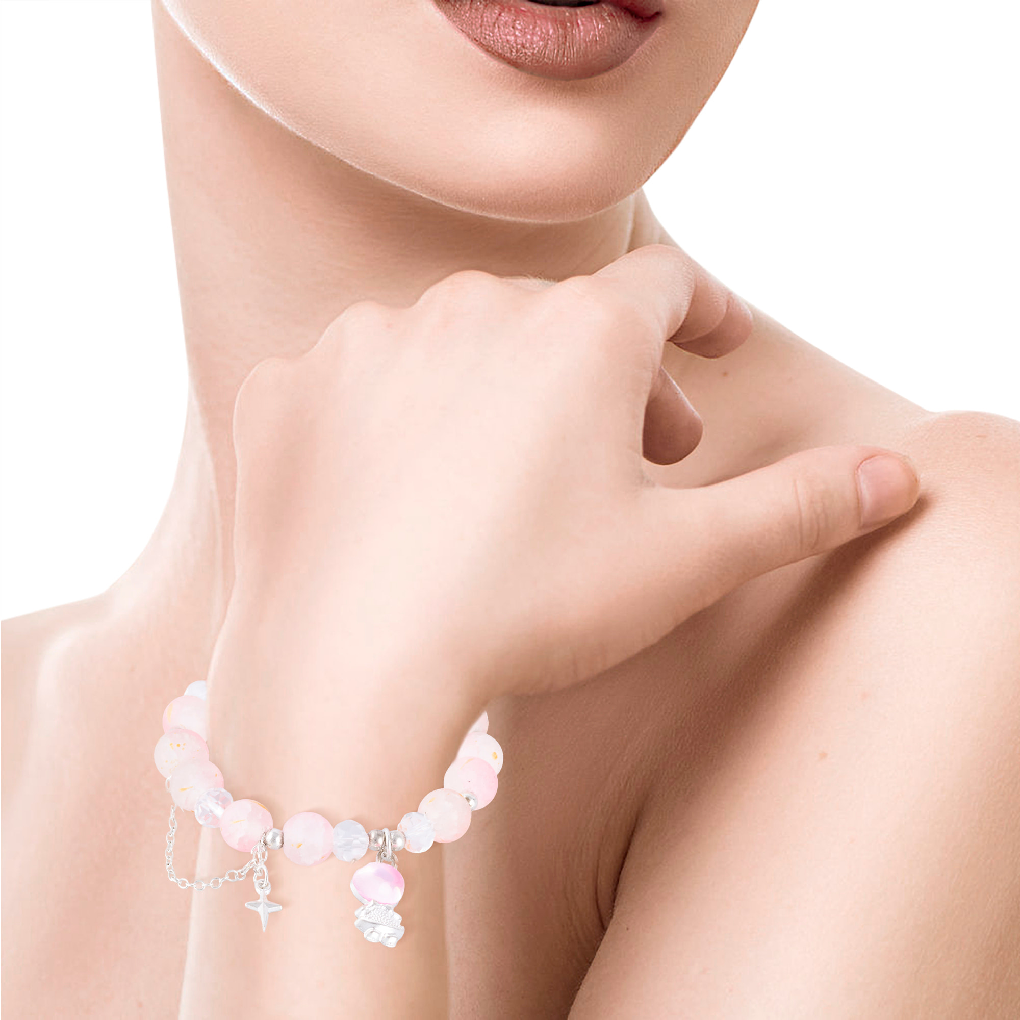 Set de 6 pulseras elásticas con cuentas de cristal y diseños multicolor, rosa, negro, azul, multicolor y verde.