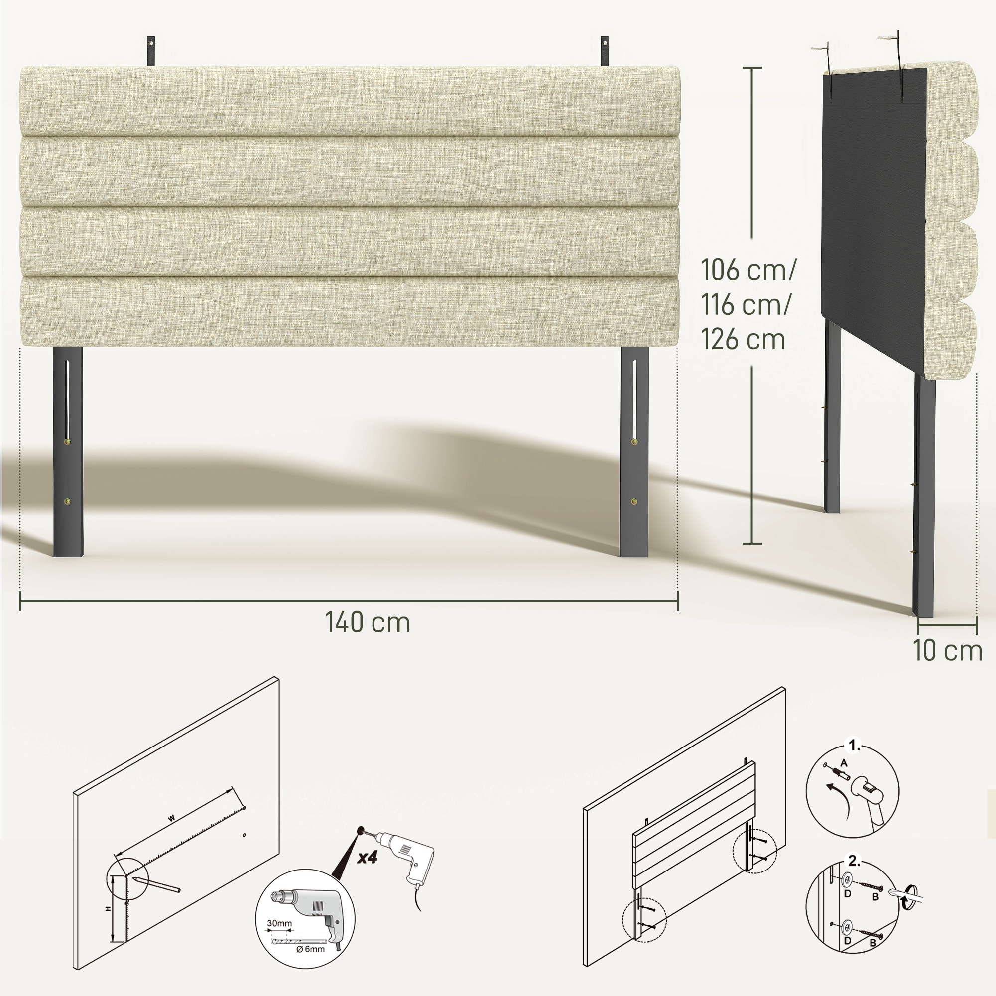 Tête de lit matelassée hauteur réglable 3 niveaux dim. L.140 x P.10 x H.106/116/126 cm tissu beige
