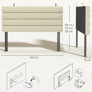 Tête de lit matelassée hauteur réglable 3 niveaux dim. L.140 x P.10 x H.106/116/126 cm tissu beige