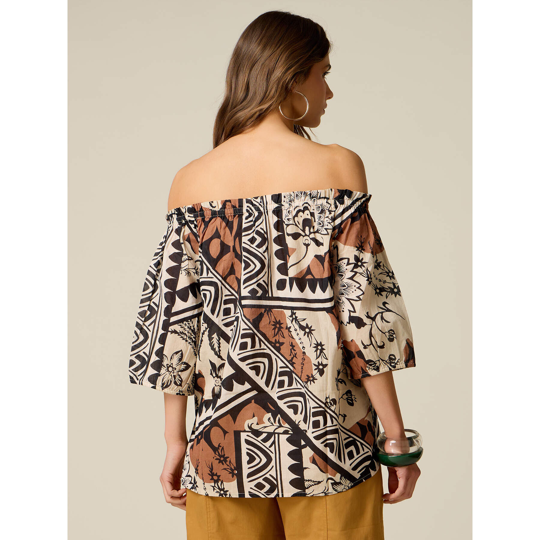Oltre - Blusa off-shoulders in mussola fantasia - Beige