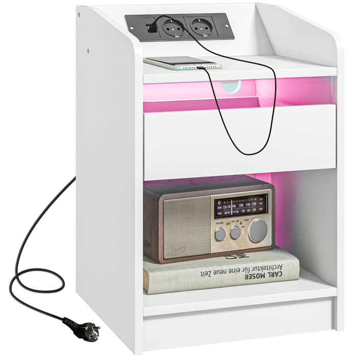 Mesita de Noche Mesilla de Noche con Luces LED Mesa de Noche con Cajón Estante Estación de Carga Puertos USB y Control Remoto 40x40x58 cm Blanco