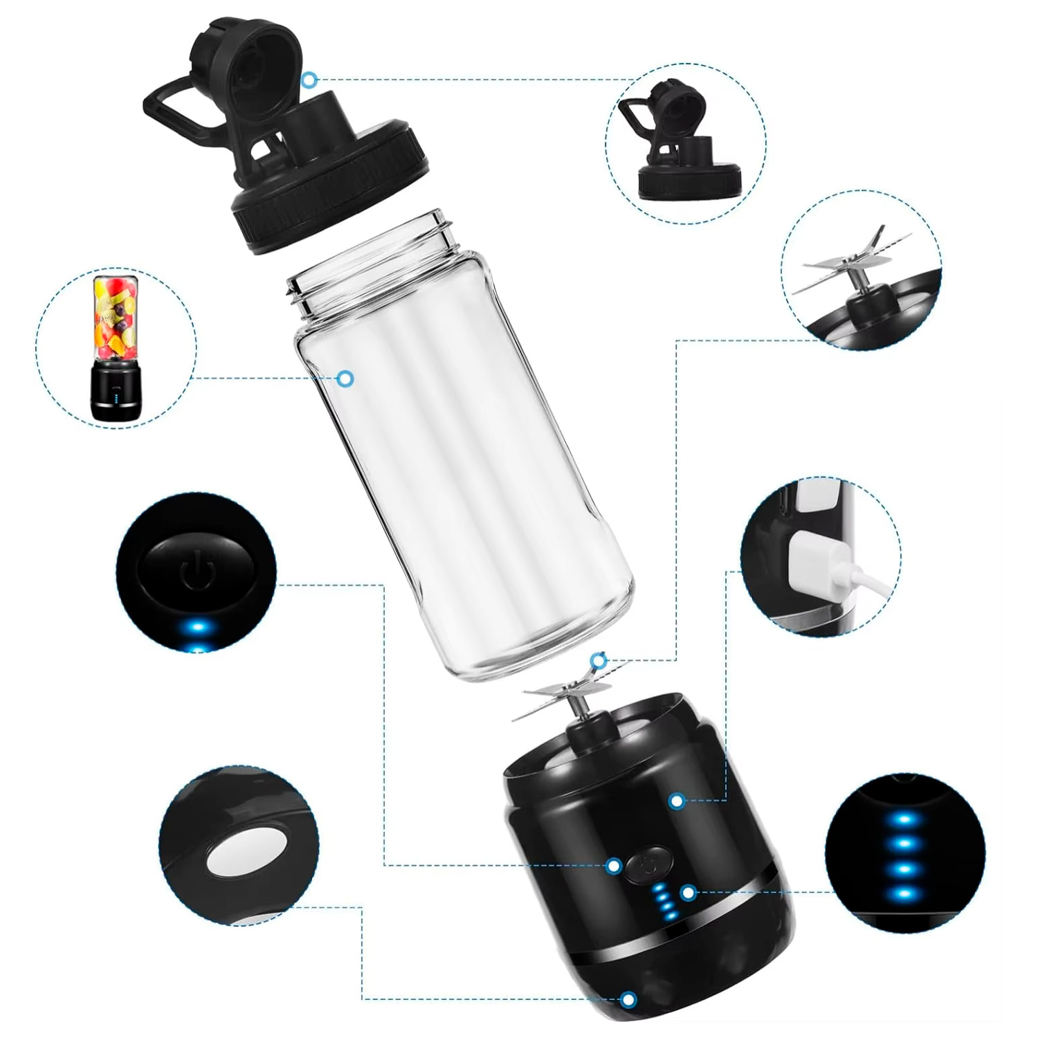Batidora portátil HD-03-01 de 420 ml con potente motor de 240W y batería recargable de 4000mAh.