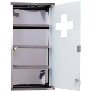 Armoire à pharmacie 3 étagères 4 niveaux 30L x 12l x 60H cm porte verre trempé symbole croix acier inoxydable brossé