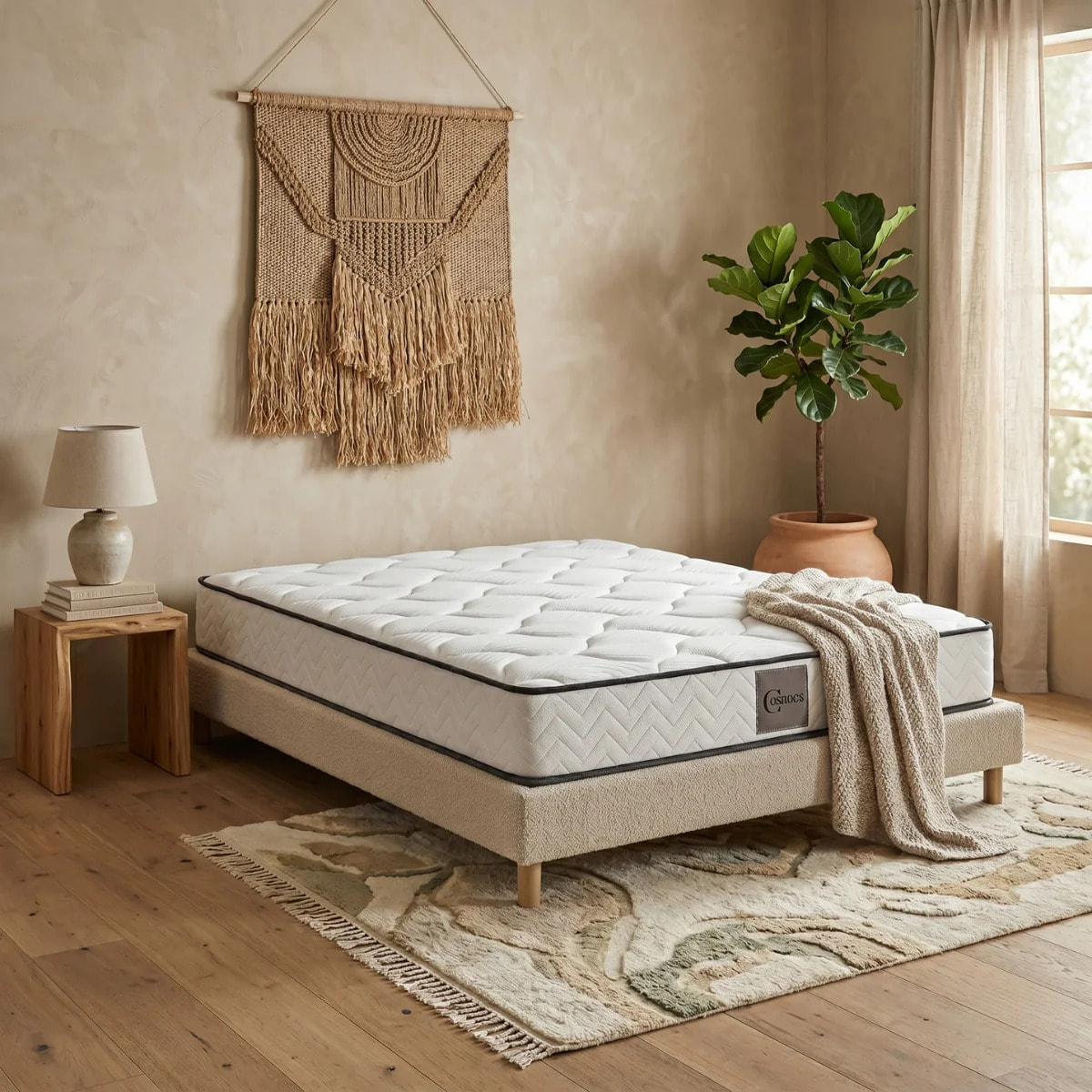 Ensemble matelas Univers & sommier Cancun | Mémoire de forme et ressorts ensachés | Cadre à lattes | Bouclette | Sable