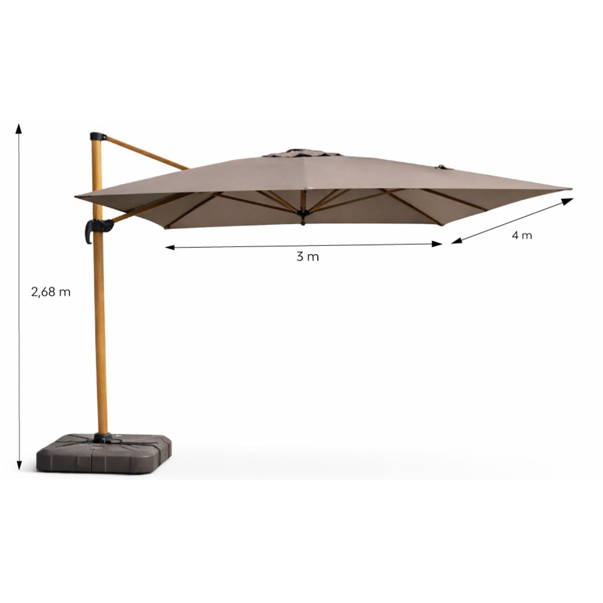 Parasol rectangulaire 3x4m déporté rotatif gris pied effet bois en aluminium NAVIA