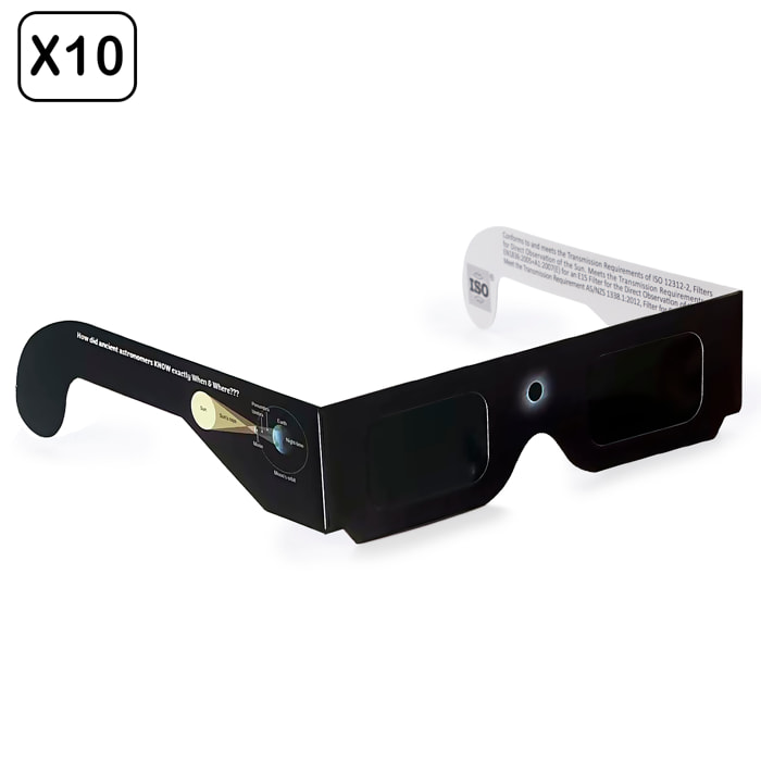 Pack de 10 gafas especialmente diseñadas para la observación de eclipses solares. Homologadas ISO 12312-2:2015. Diseño eclipse.