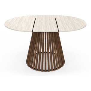 Table à manger ronde extensible Camélia effet travertin et pied lattes Ø110-150cm