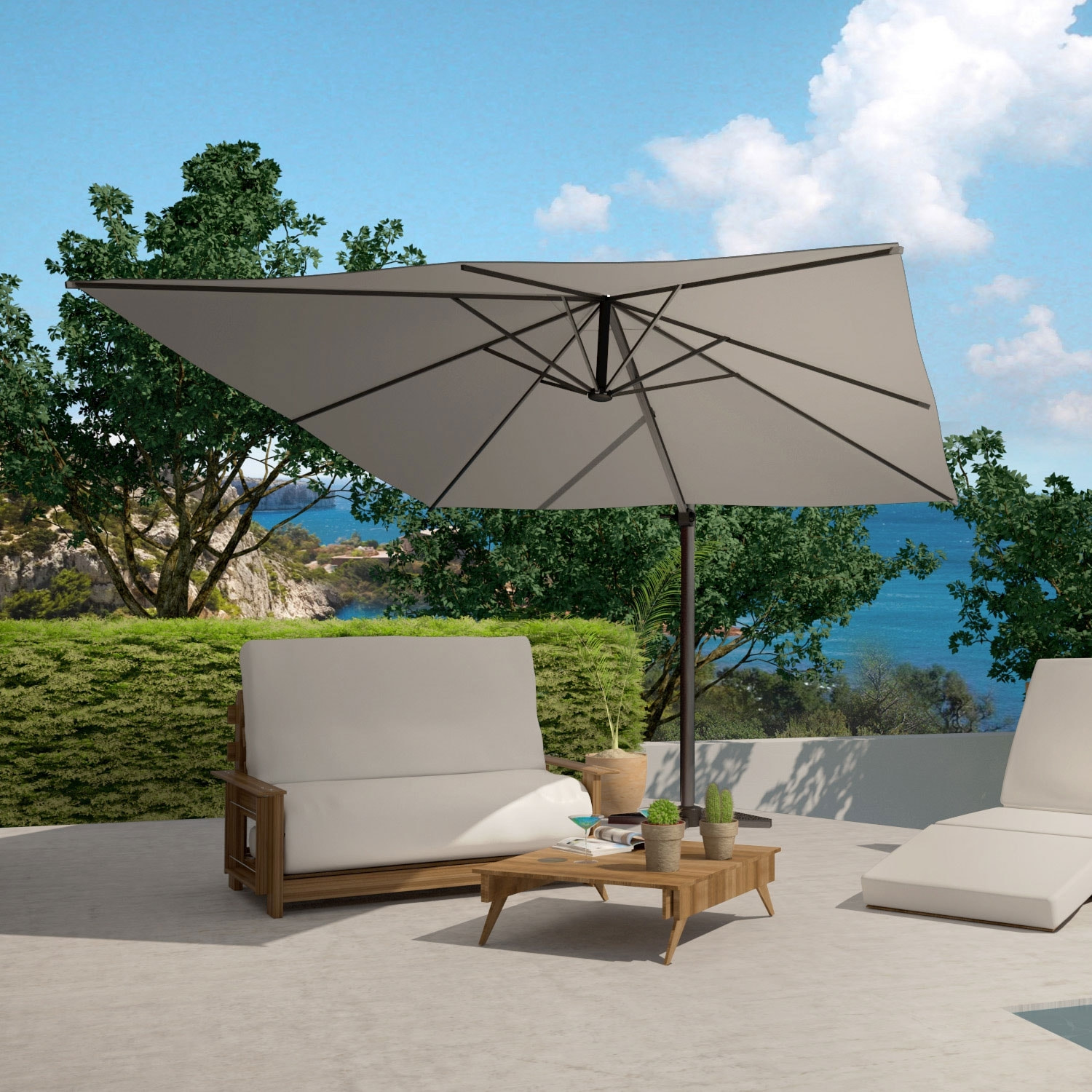 NAVIA Bundle parasol rectangulaire 3x4m déporté rotatif gris aluminium + housse
