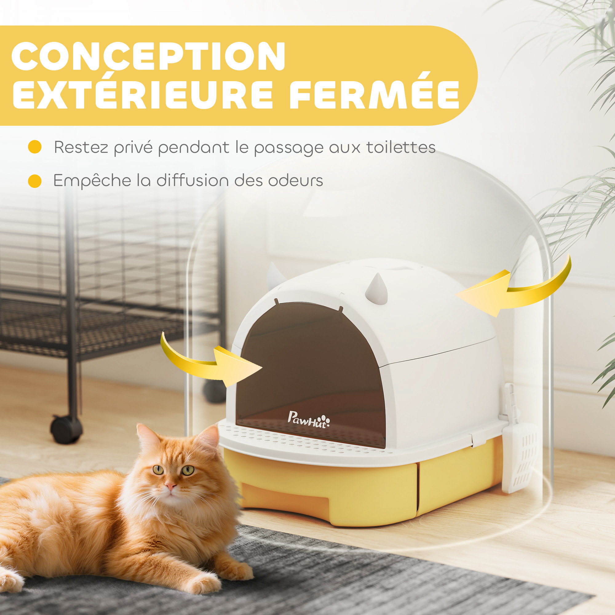 Maison de toilette chat design - porte fumée, pelle, 2 sacs désodorisation, tiroir litière coulissant, poignée - blanc jaune