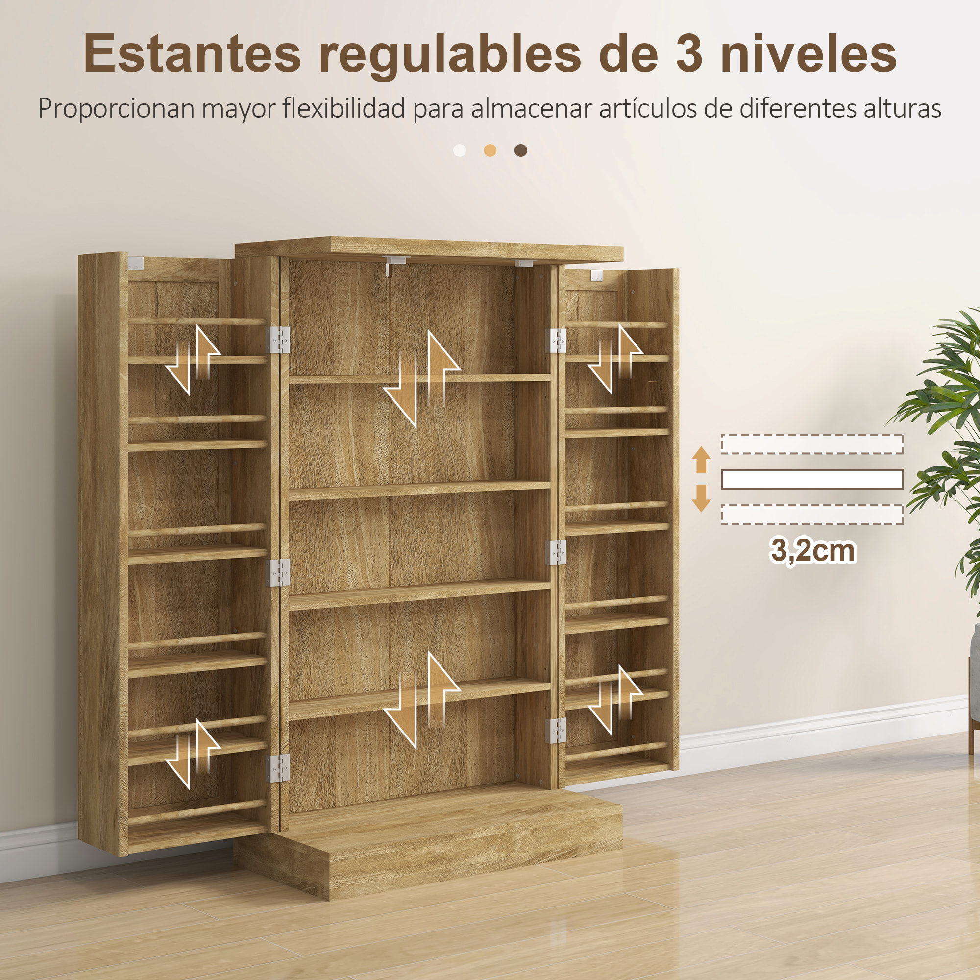 Armario de Cocina Armario Despensa Cocina con 2 Puertas de Ratán y 16 Estantes Alacena Moderna con Estantes Ajustables para Comedor Salón 60x30x104 cm Natural