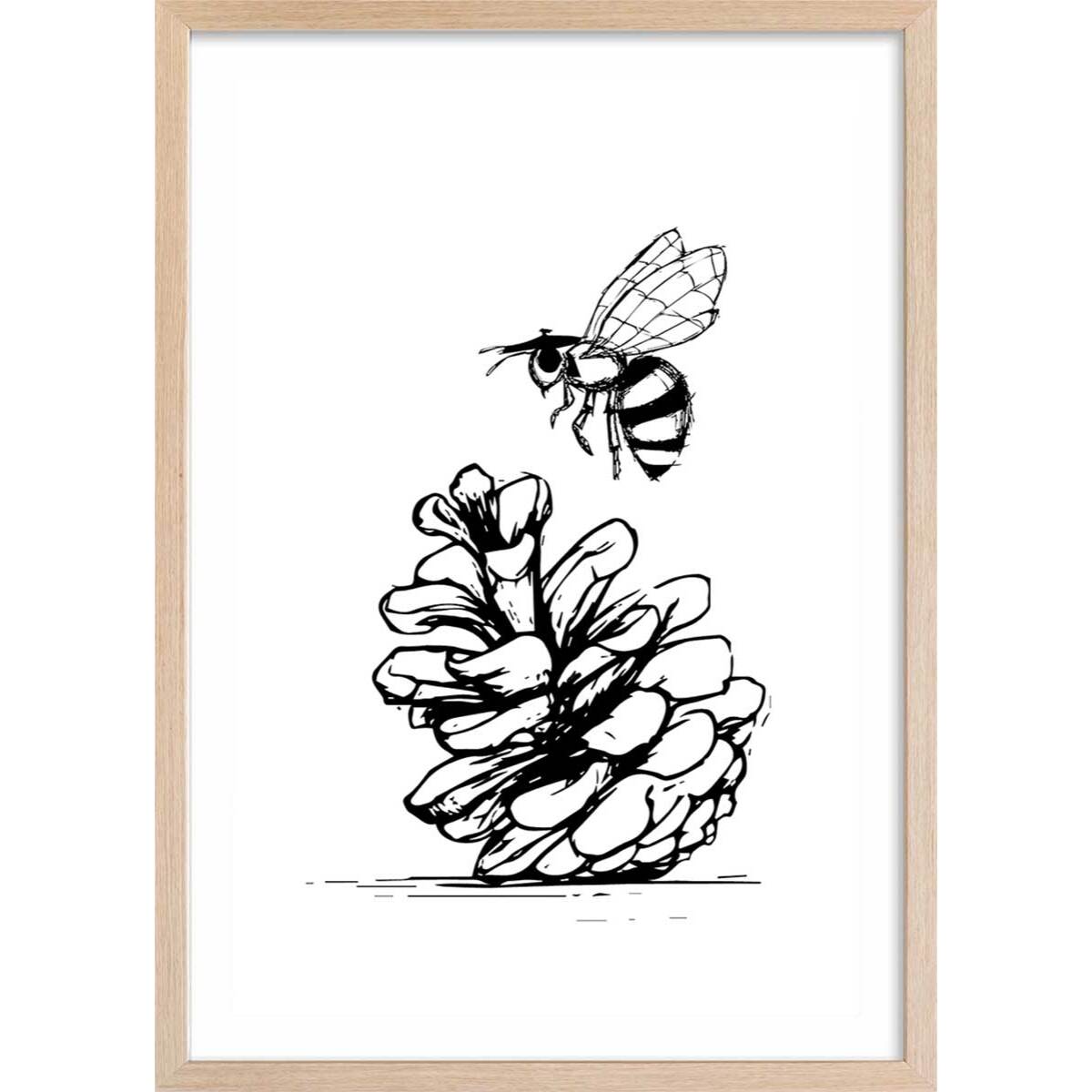 Poster pomme de pins et abeille Affiche + cadre en bois - Chêne