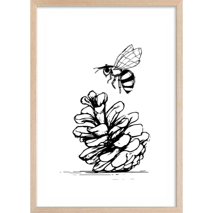 Poster pomme de pins et abeille Affiche + cadre en bois - Chêne