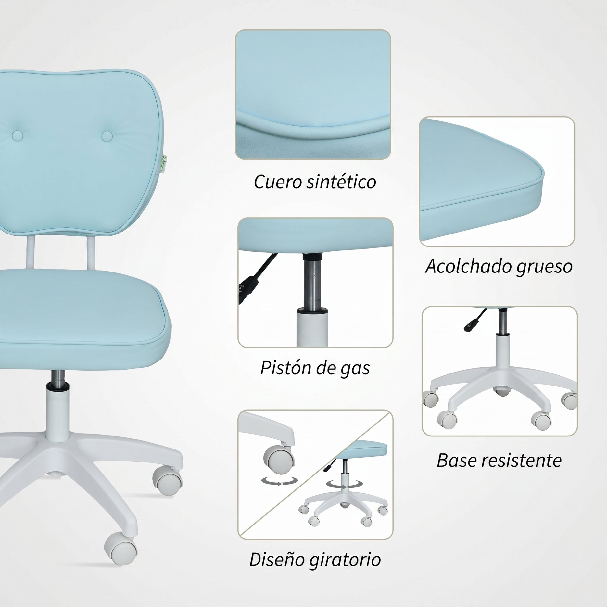 Silla de Escritorio Tapizada en PU Silla de Oficina Giratoria con Altura Ajustable sin Brazos Carga 120 kg para Estudio Dormitorio 46x59x82-92 cm Azul Claro
