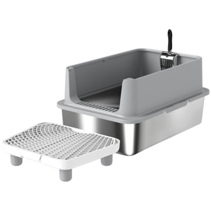 Bac à litière acier inox parois latérales hautes pédale tapis filtrants anti-dispersion pelle